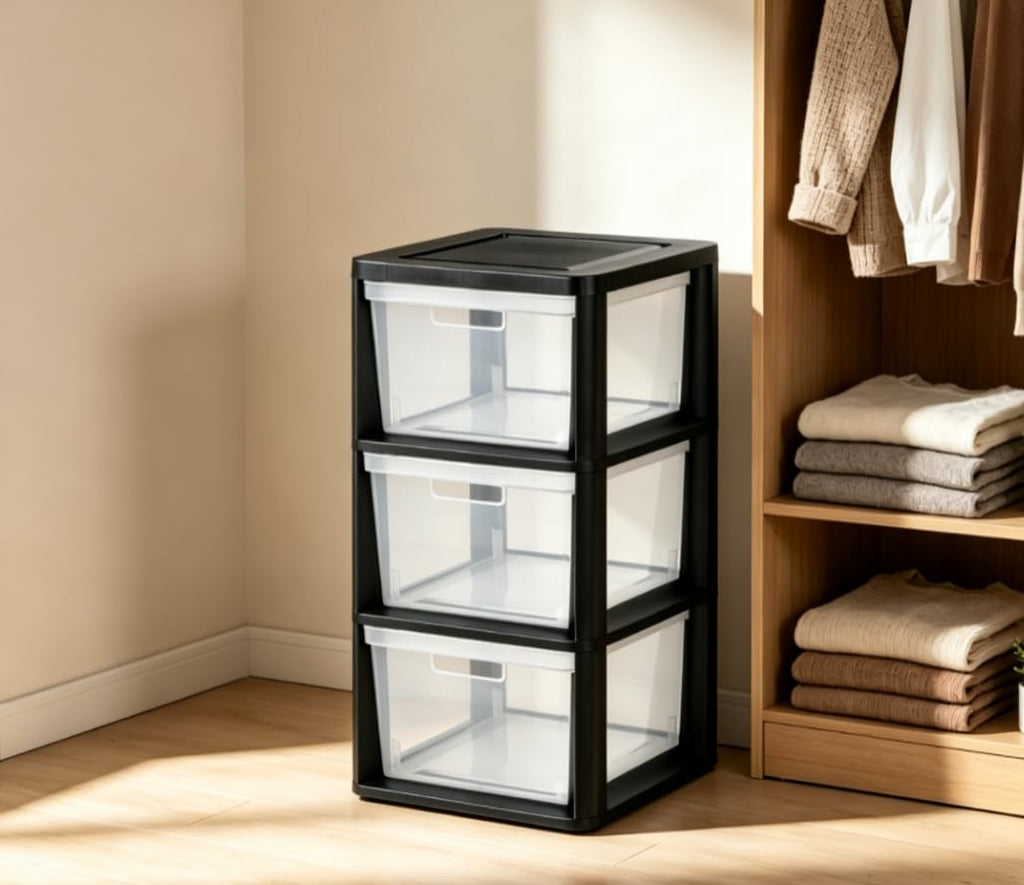 Black 3 Drawer Plastic Storage Tower U492
