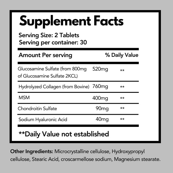 Glucosamine, Chondroitin, MSM, Collagen & Hyaluronic Acid Supplement 60 Tablets V89941