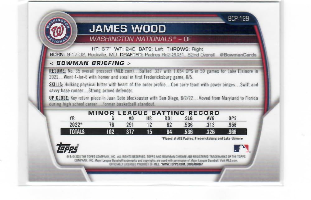 2023 Bowman Chrome Mega Box Prospects Mojo Refractor Orange #BCP-129 James Wood /25 Washington Nationals Baseball NM-MT V3195
