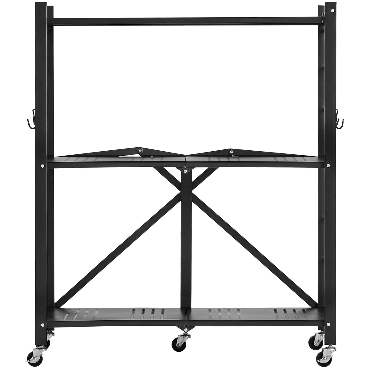 3-Tier Foldable Metal Storage Shelf with Wheels and Hooks, Black V23585