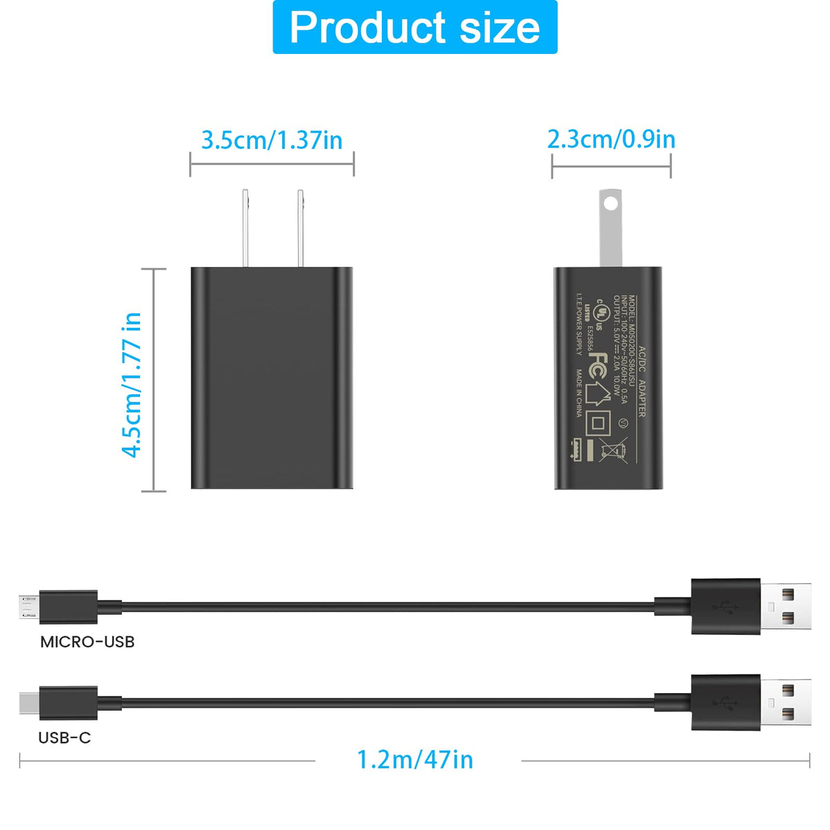 2A Power Adapter with USB Type-C and Micro USB Cables F8936