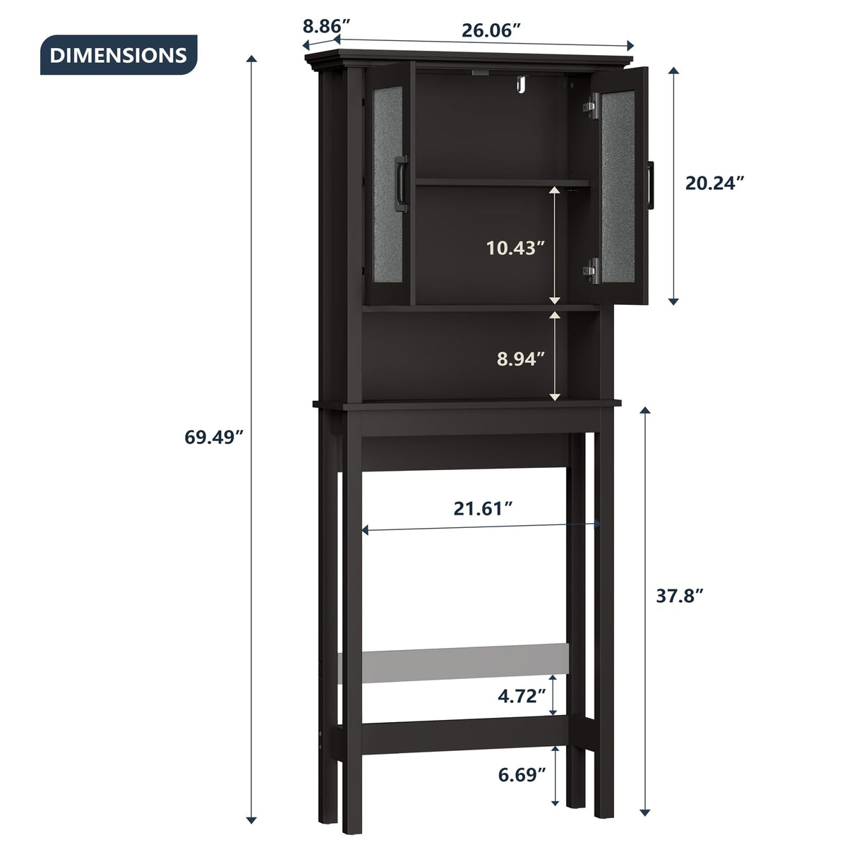 Over Toilet Storage Cabinet with Glass Doors and Adjustable Shelf F9319