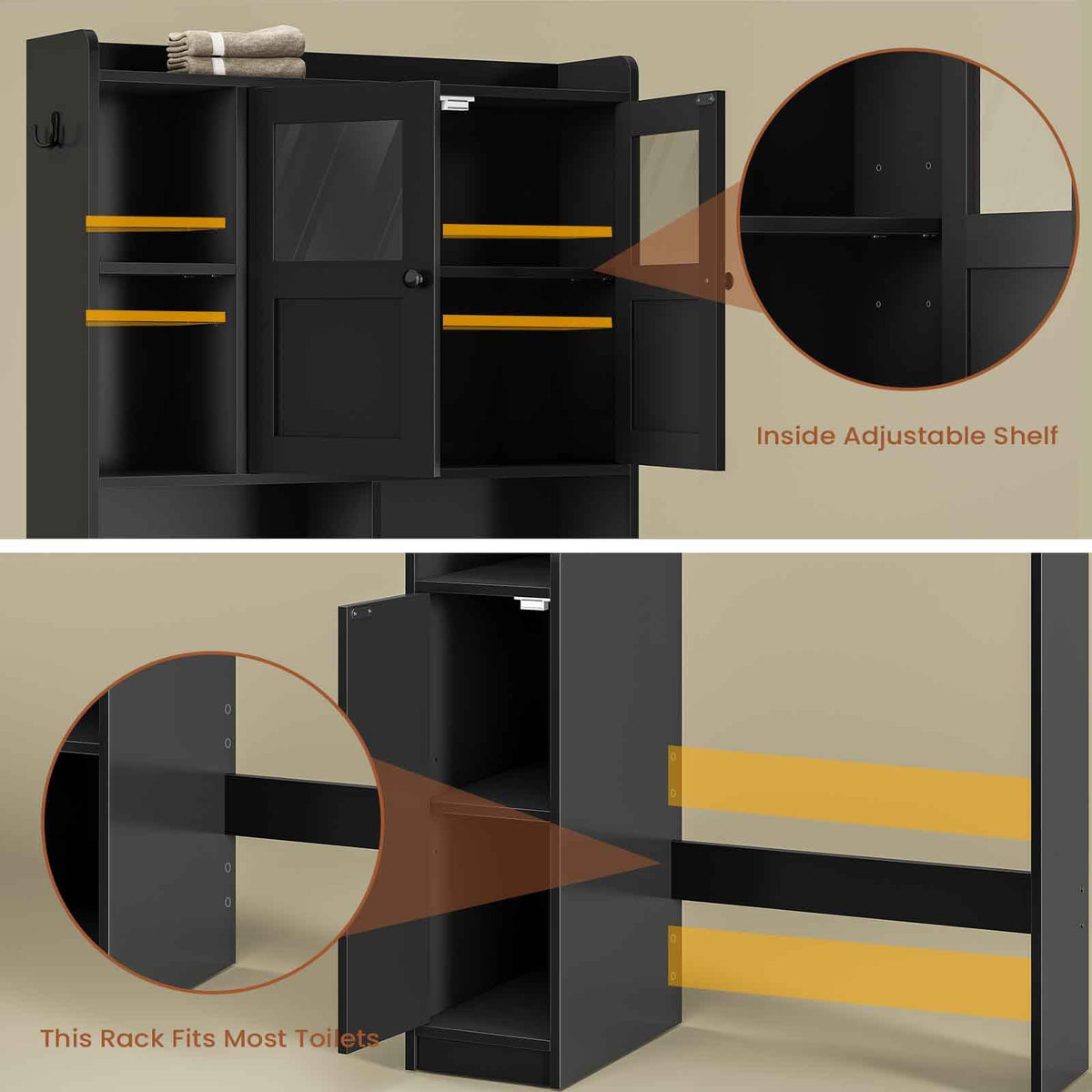 Over The Toilet Storage Cabinet with Glass Doors & Toilet Paper Holder Stand D4194