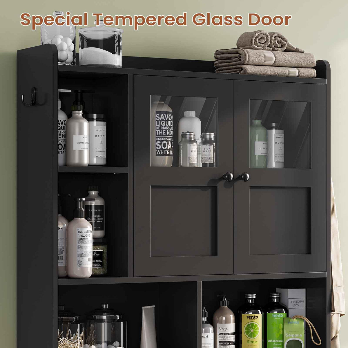 Over The Toilet Storage Cabinet with Glass Doors & Toilet Paper Holder Stand D4194