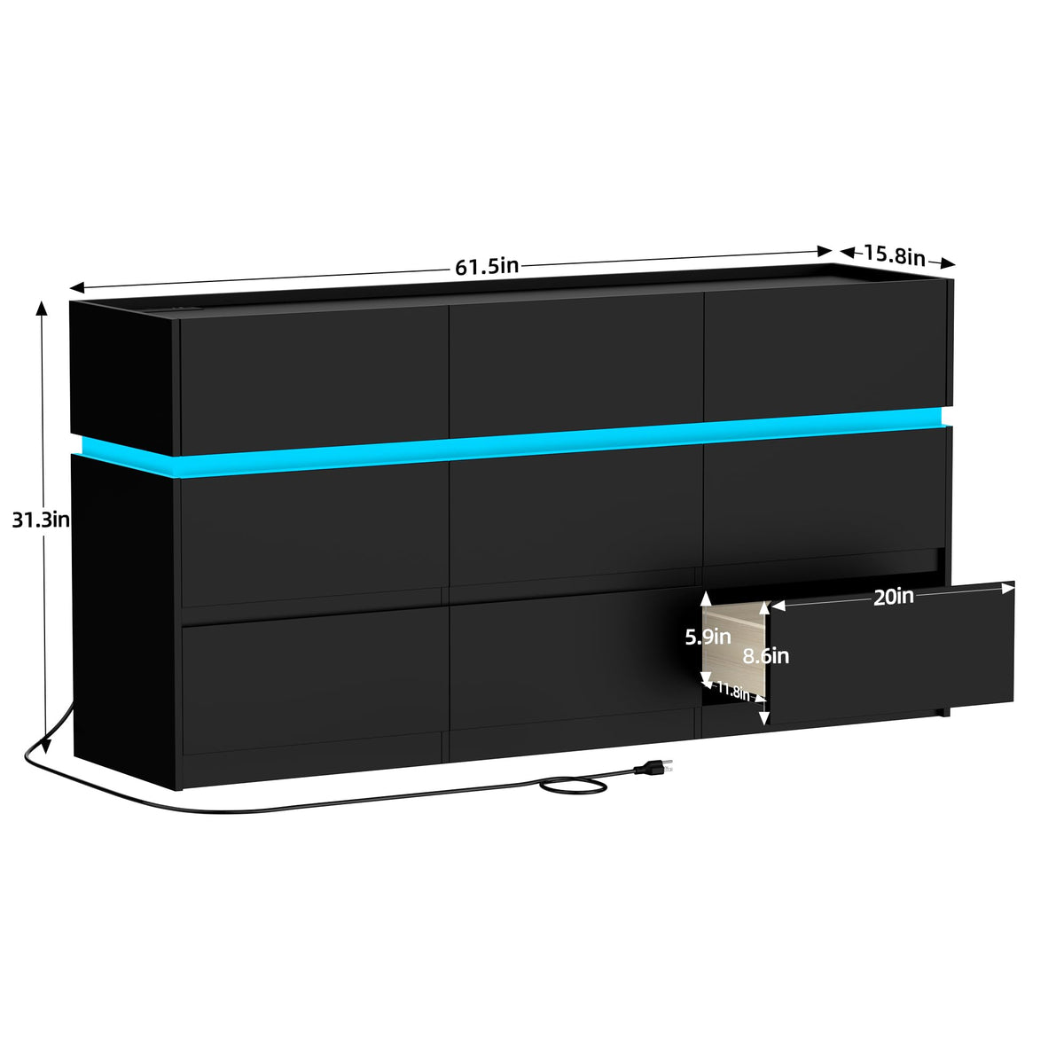 Black 9 Drawer Dresser with Charging Station and LED Lights U114275