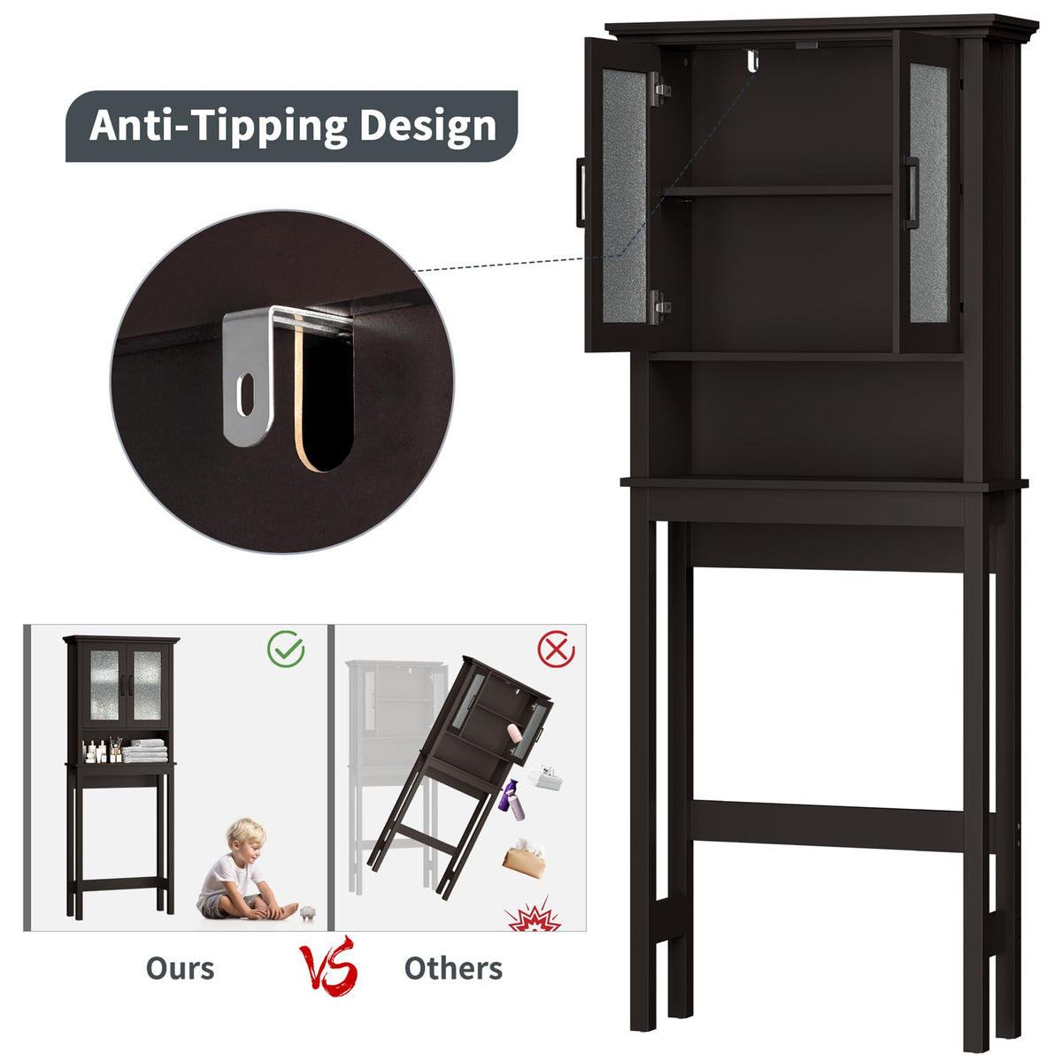 Over Toilet Storage Cabinet with Glass Doors and Adjustable Shelf F9319