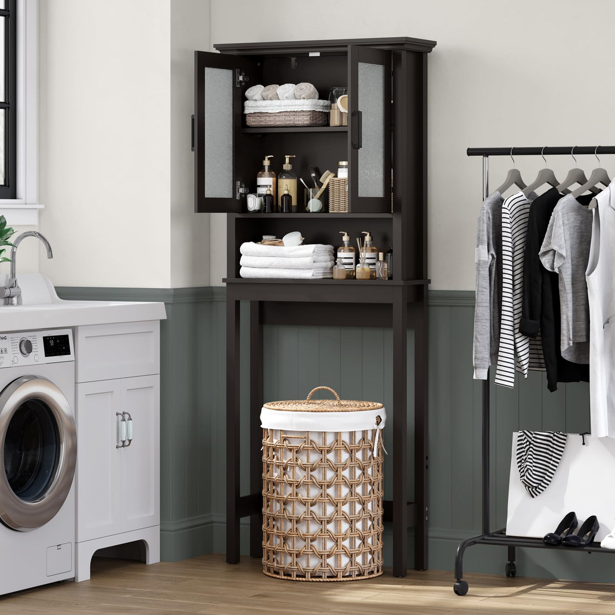 Over Toilet Storage Cabinet with Glass Doors and Adjustable Shelf F9319