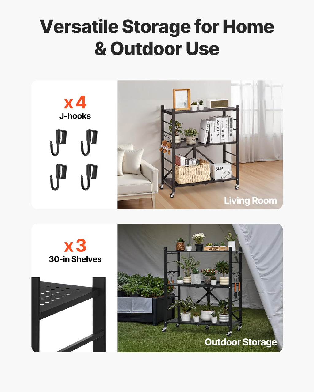 3-Tier Foldable Metal Storage Shelf with Wheels and Hooks, Black V23585