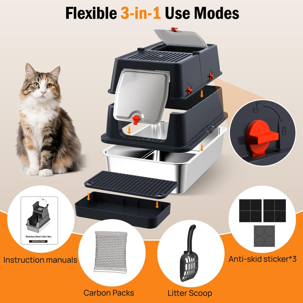Stainless Steel Enclosed Litter Box with Lid, Extra Large, Black B250080
