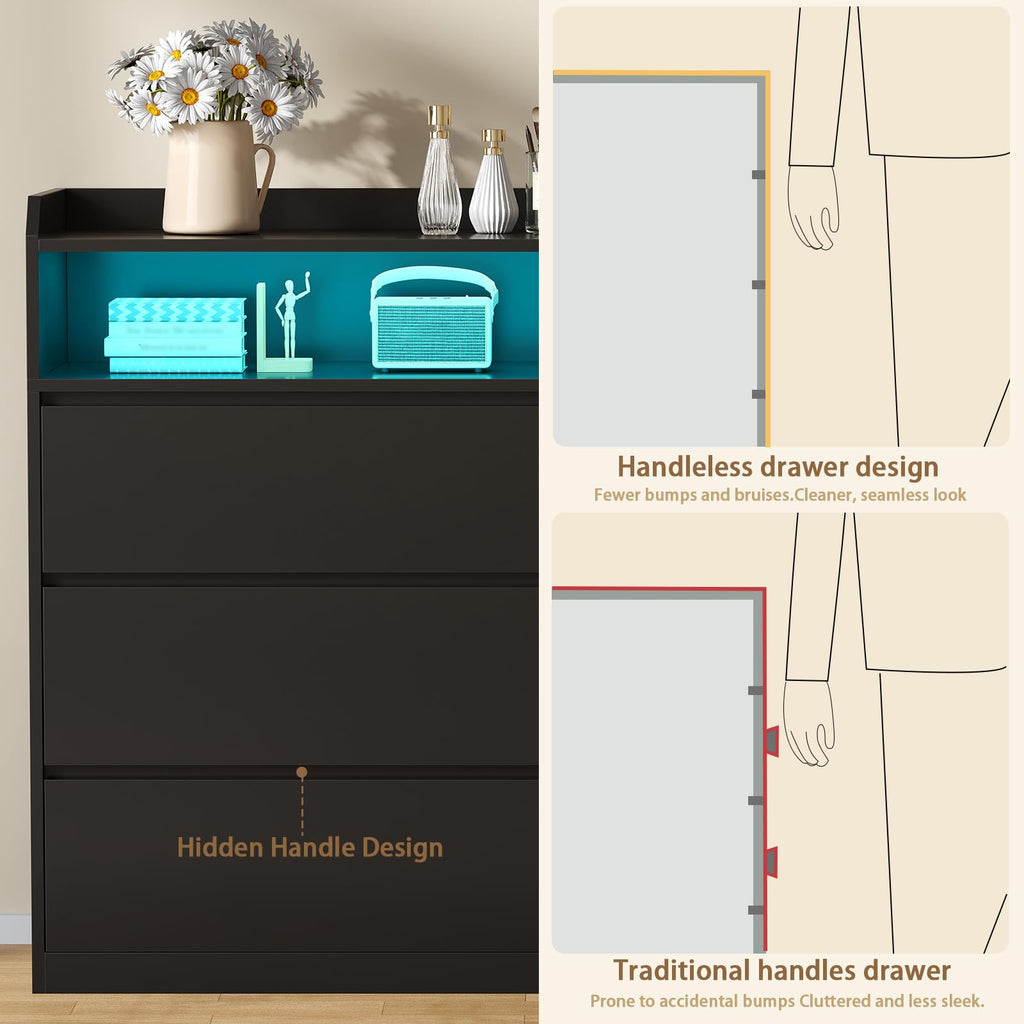 Black Dresser with LED Lights and Power Strip O872