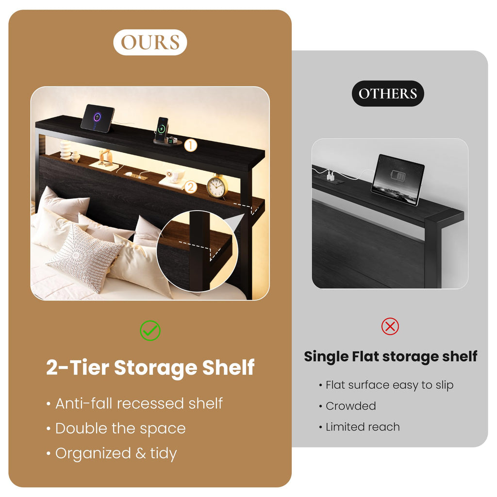Full Bed Frame with 2-Tier Storage Headboard W78855
