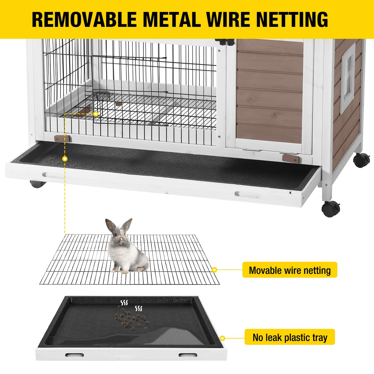 Brown Rabbit Hutch with Wire Floor and Plastic Tray C750