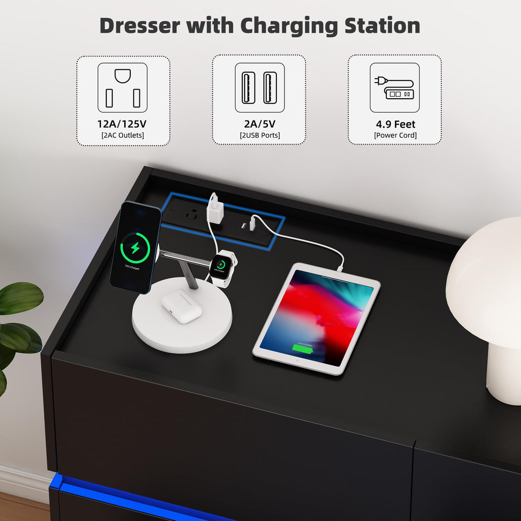 Black 9 Drawer Dresser with Charging Station and LED Lights U114275