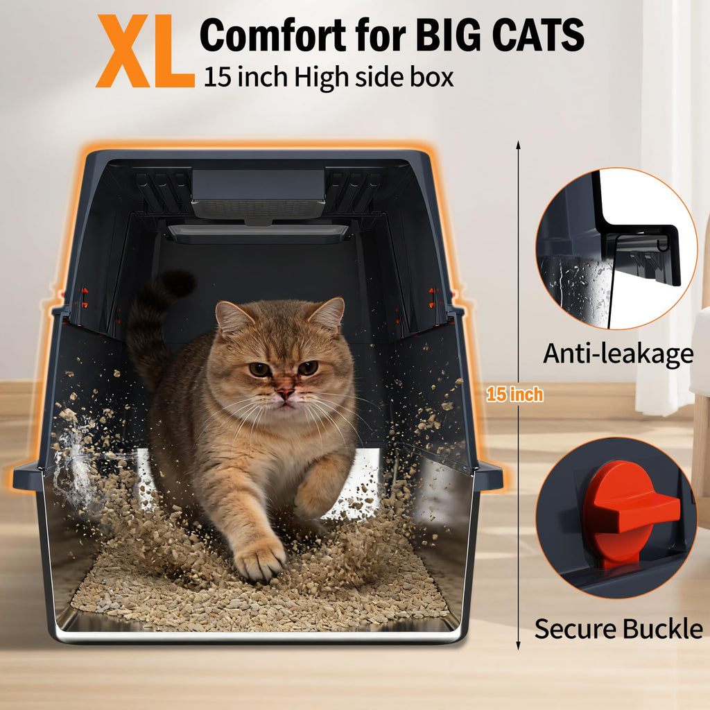 Stainless Steel Enclosed Litter Box with Lid, Extra Large, Black B250080