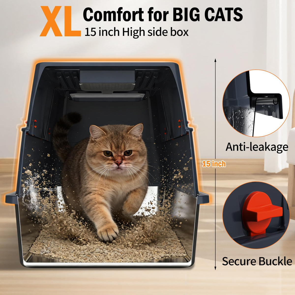 Stainless Steel Enclosed Litter Box with Lid, Extra Large, Black B250080