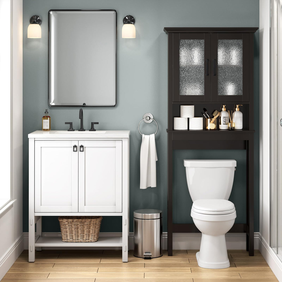 Over Toilet Storage Cabinet with Glass Doors and Adjustable Shelf F9319