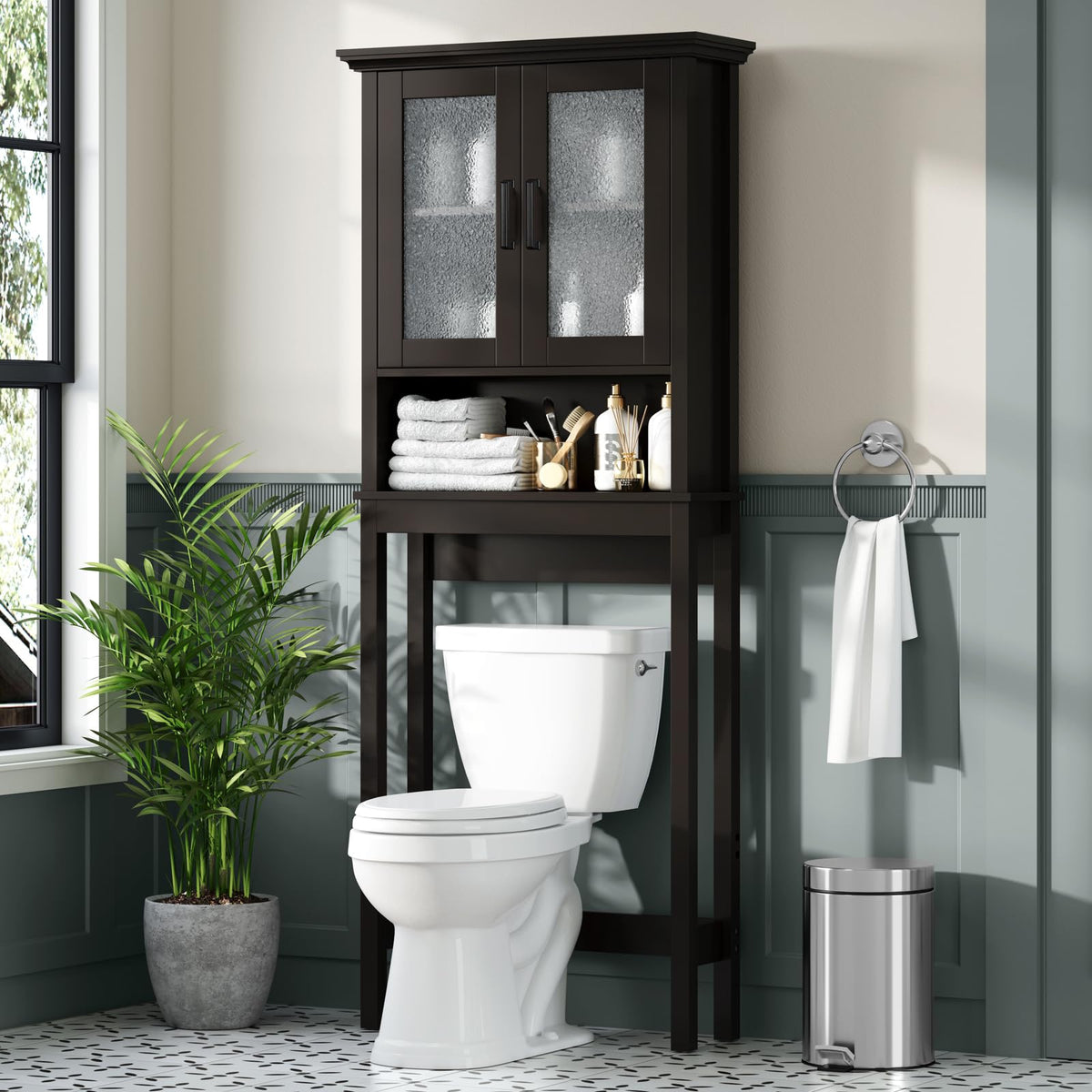 Over Toilet Storage Cabinet with Glass Doors and Adjustable Shelf F9319