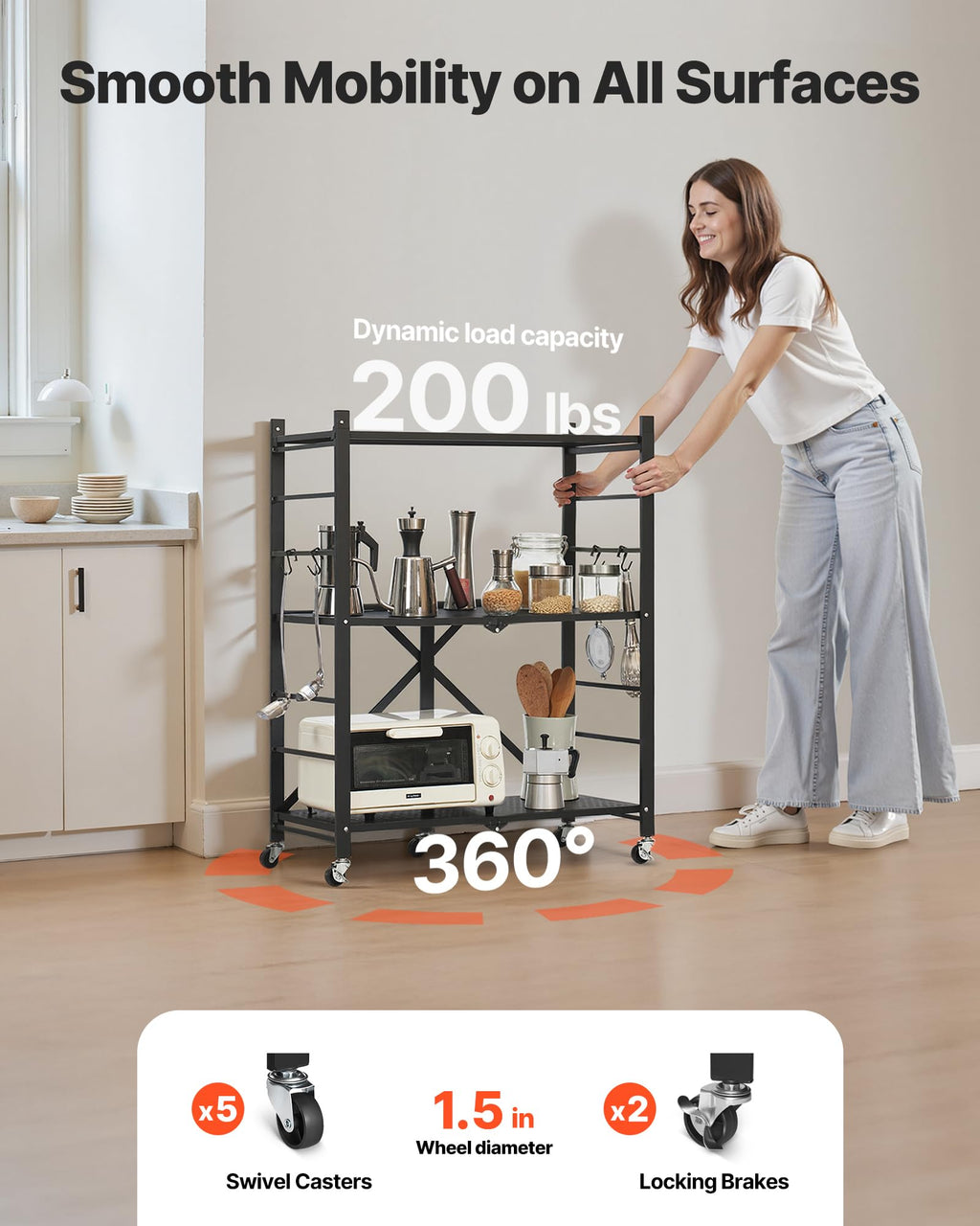 3-Tier Foldable Metal Storage Shelf with Wheels and Hooks, Black V23585