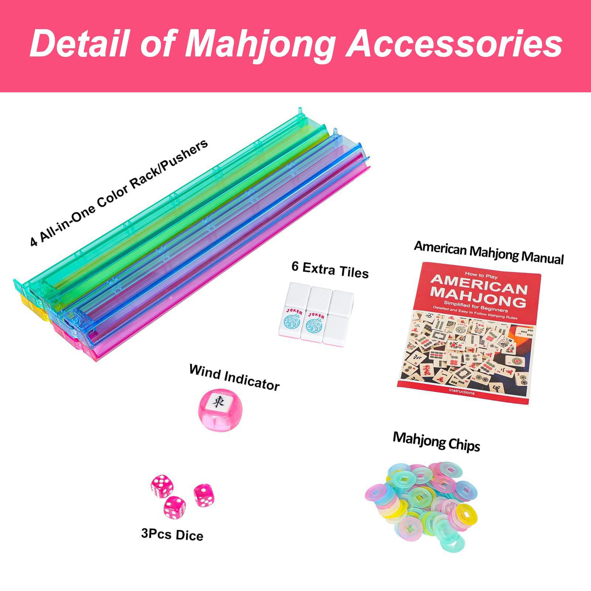 American Mahjong Game Set, 166 Pink Tiles, 4 All-in-One Color Rack/Pushers & Drawstring Bag H175