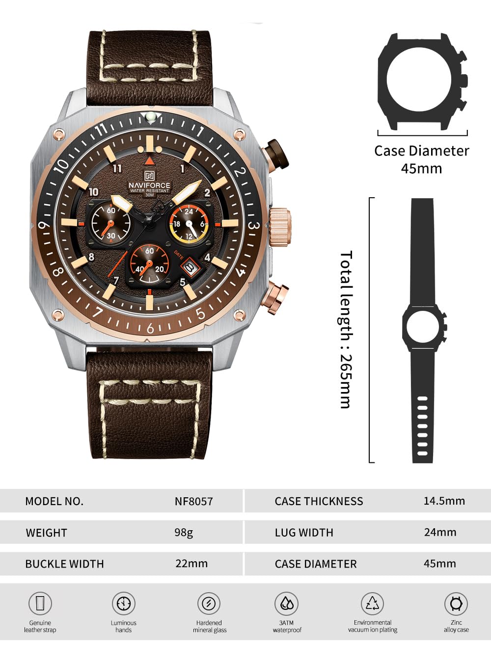 Men's Square Big Face Waterproof Chronograph Leather Strap Watch V51577