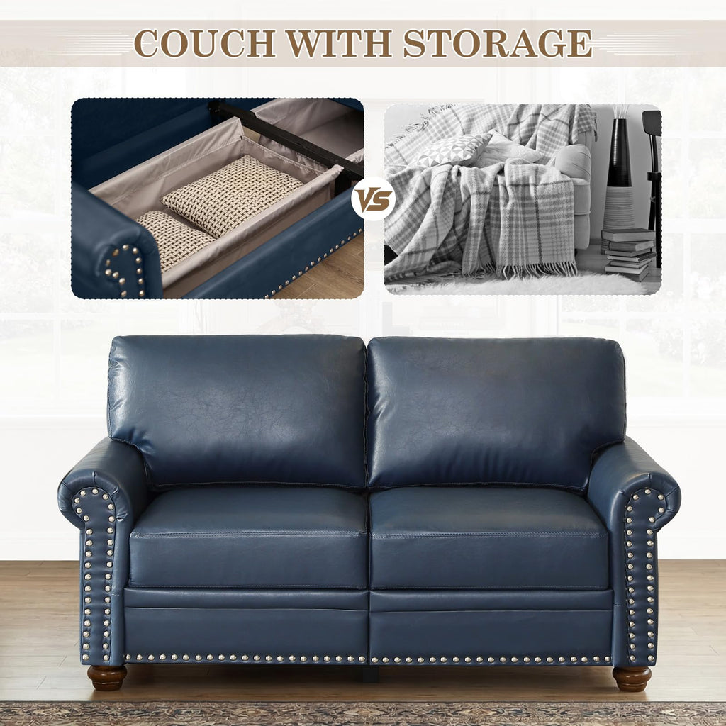 Navy Blue Faux Leather 2 Seater Sofa with Nailhead Trim G88349