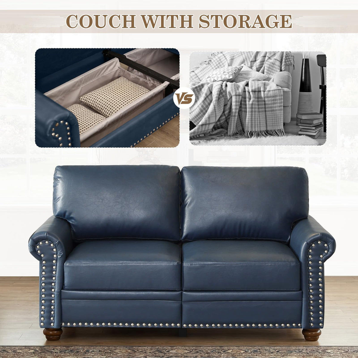 Navy Blue Faux Leather 2 Seater Sofa with Nailhead Trim G88349