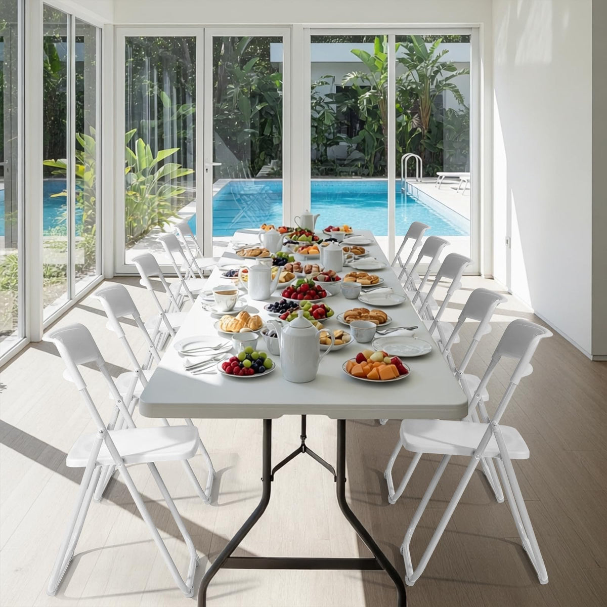 White Plastic Folding Chairs, 10 Pack Steel Frame E62303