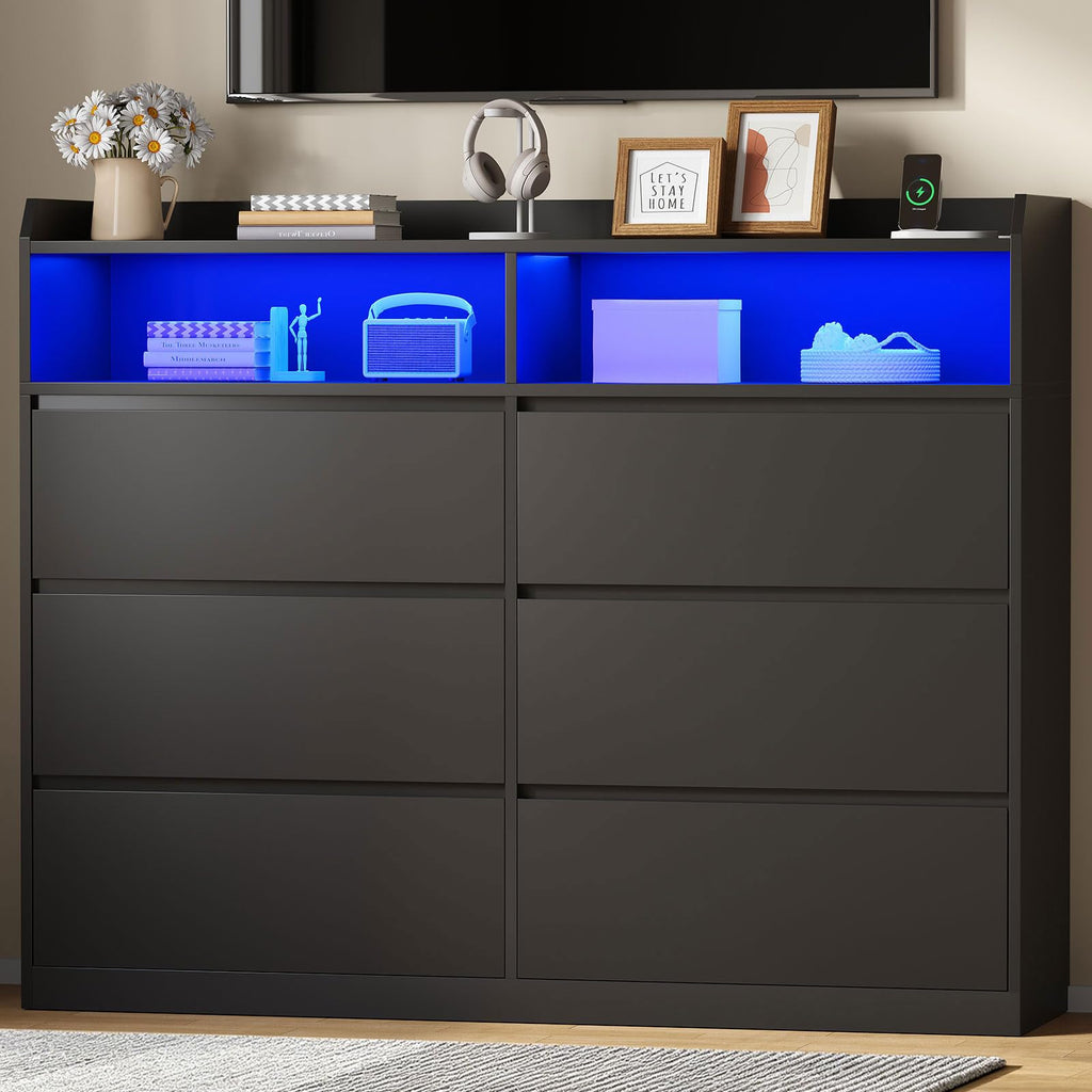 Black Dresser with LED Lights and Power Strip O872