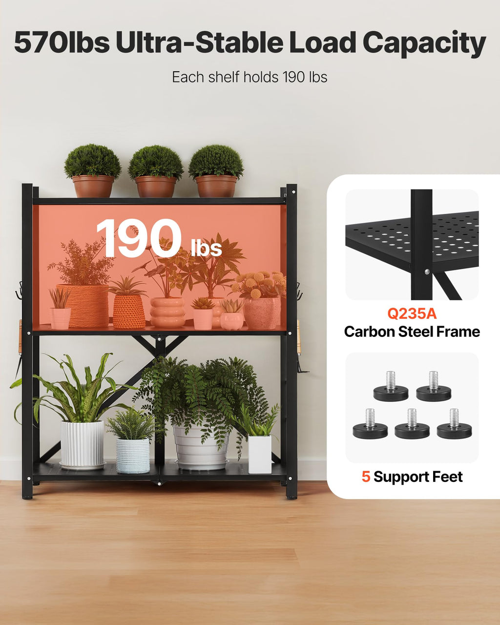 3-Tier Foldable Metal Storage Shelf with Wheels and Hooks, Black V23585