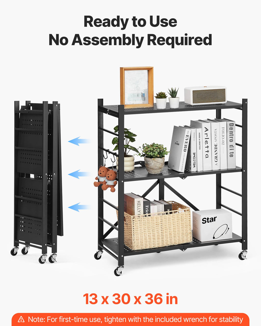 3-Tier Foldable Metal Storage Shelf with Wheels and Hooks, Black V23585