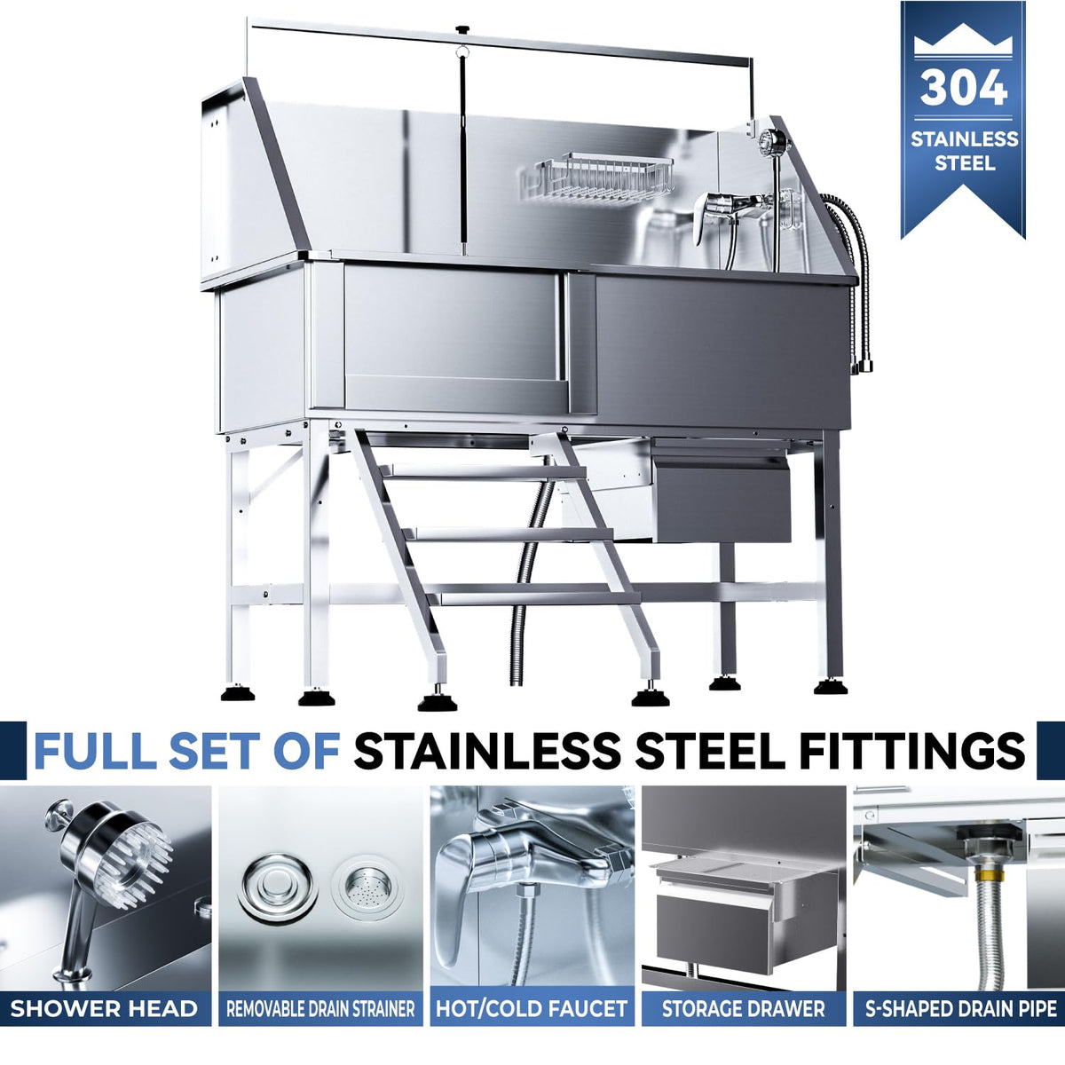 46" Stainless Steel Dog Washing Station with Stairs G28976