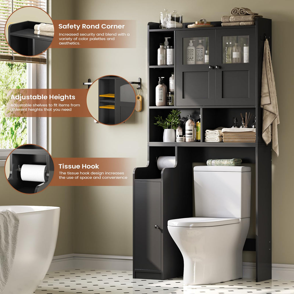 Over The Toilet Storage Cabinet with Glass Doors & Toilet Paper Holder Stand D4194
