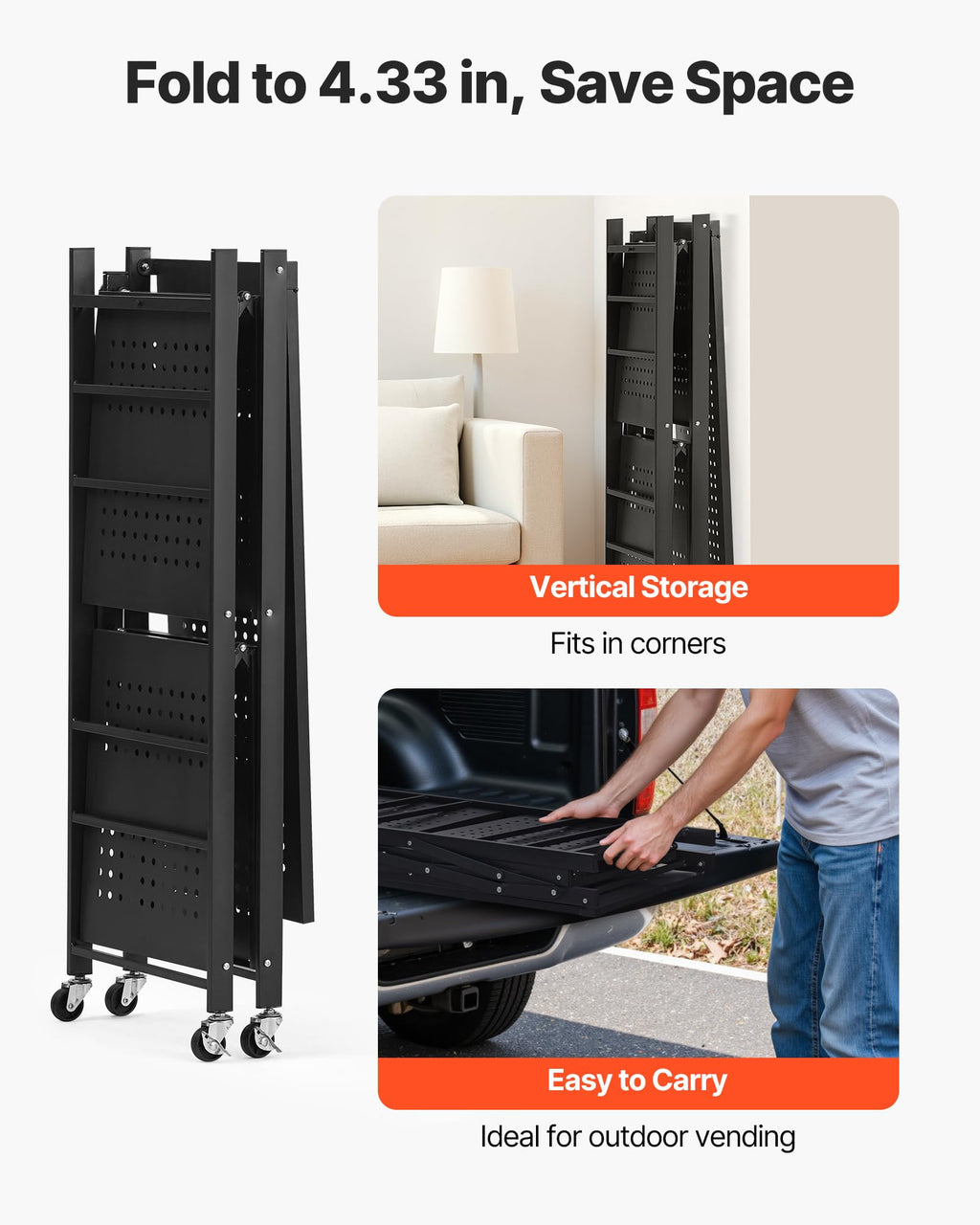 3-Tier Foldable Metal Storage Shelf with Wheels and Hooks, Black V23585