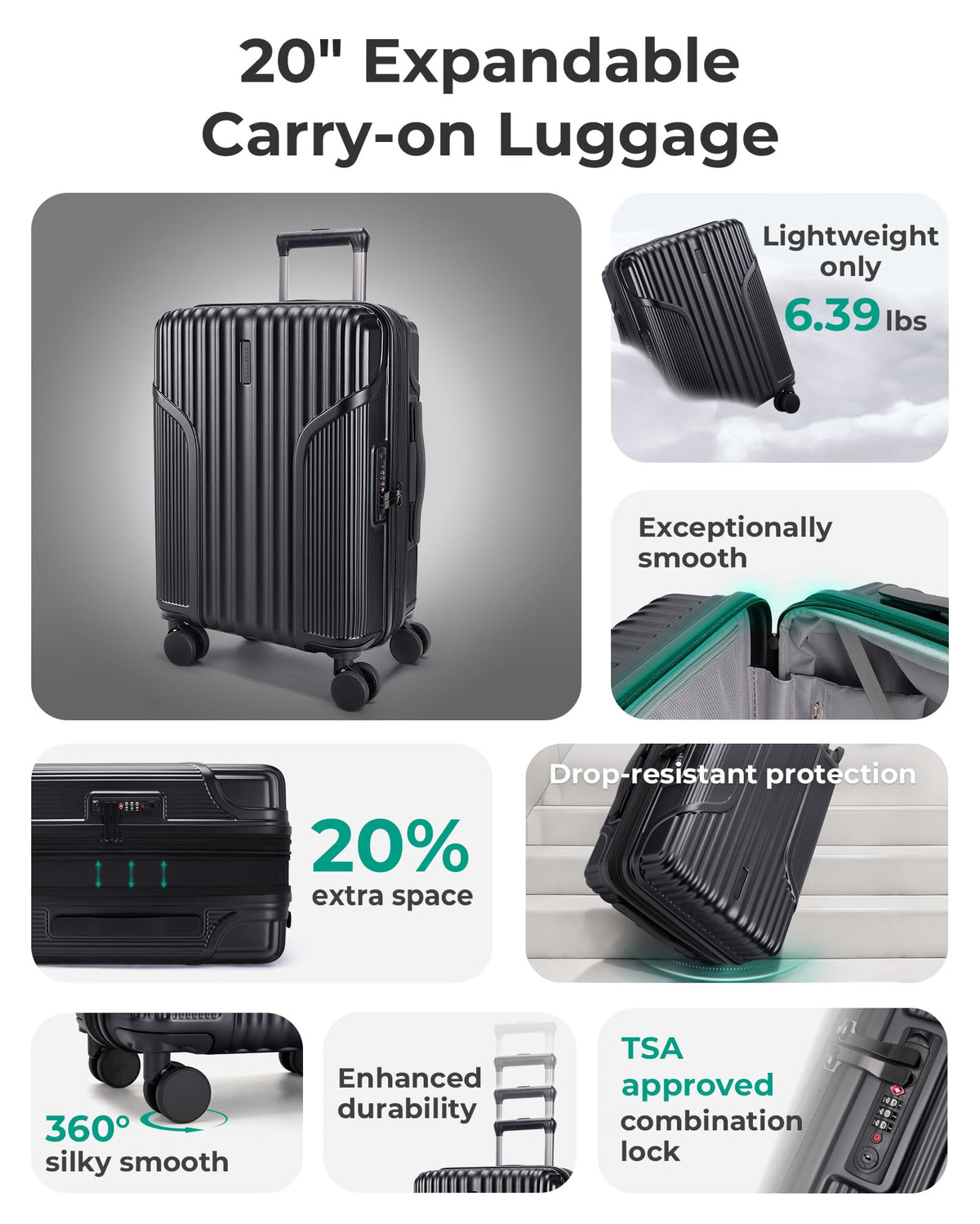 Carry On Luggage with Wheels, Black N8034