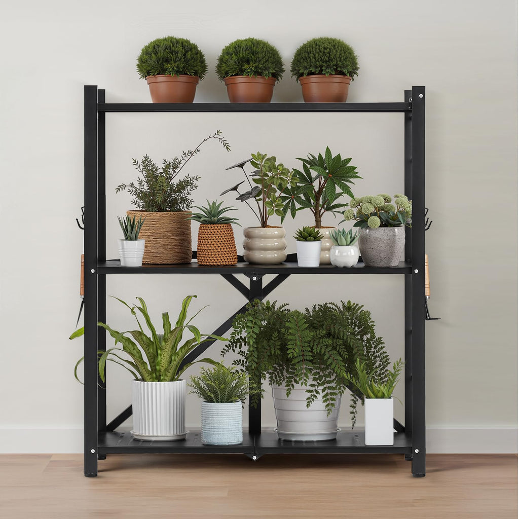 3-Tier Foldable Metal Storage Shelf with Wheels and Hooks, Black V23585