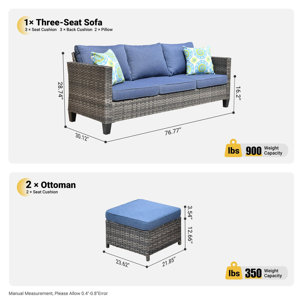 3 Pieces Wicker Patio Sofa Set with Ottomans Denim Blue U434193