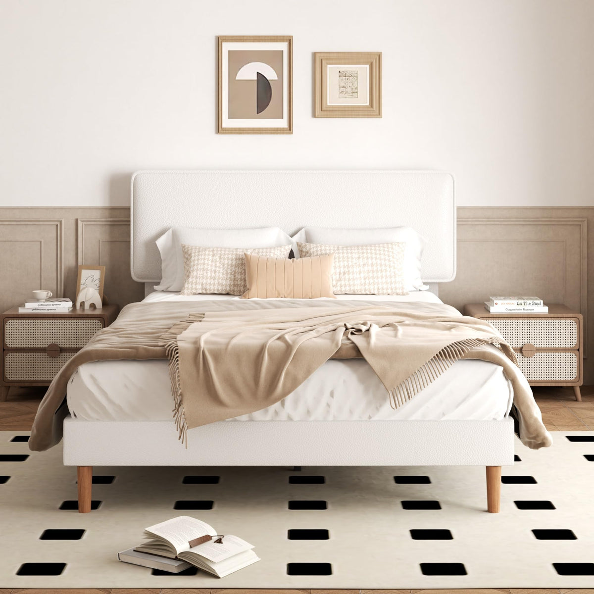 White Upholstered Bed Frame with Adjustable Headboard O3555