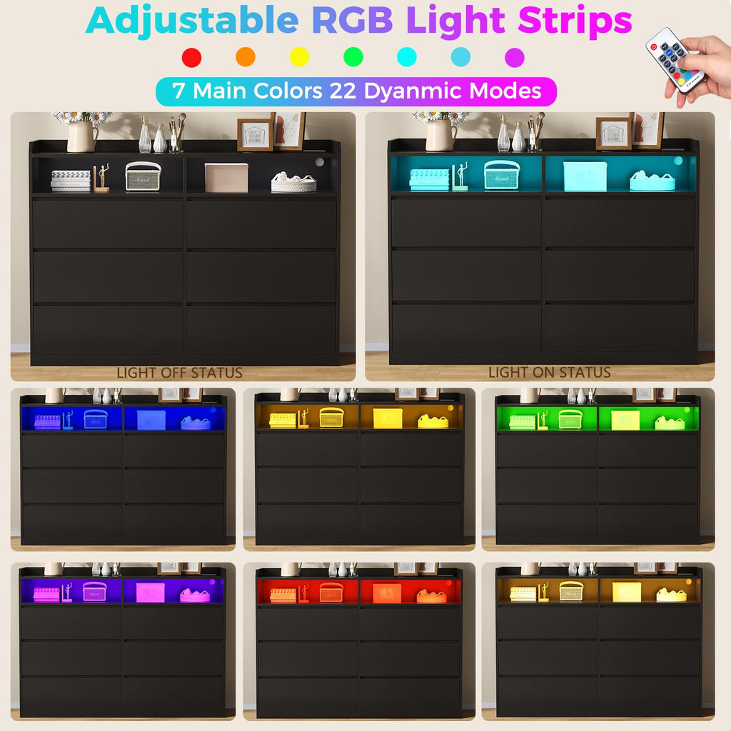 Black Dresser with LED Lights and Power Strip O872