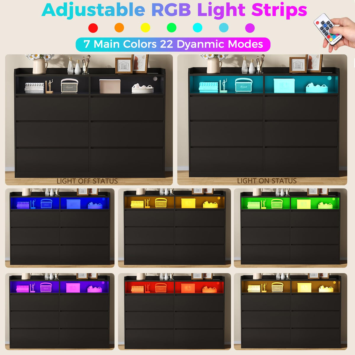 Black Dresser with LED Lights and Power Strip O872