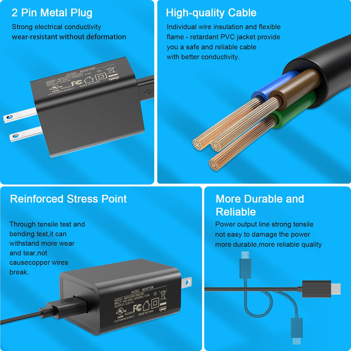 2A Power Adapter with USB Type-C and Micro USB Cables F8936
