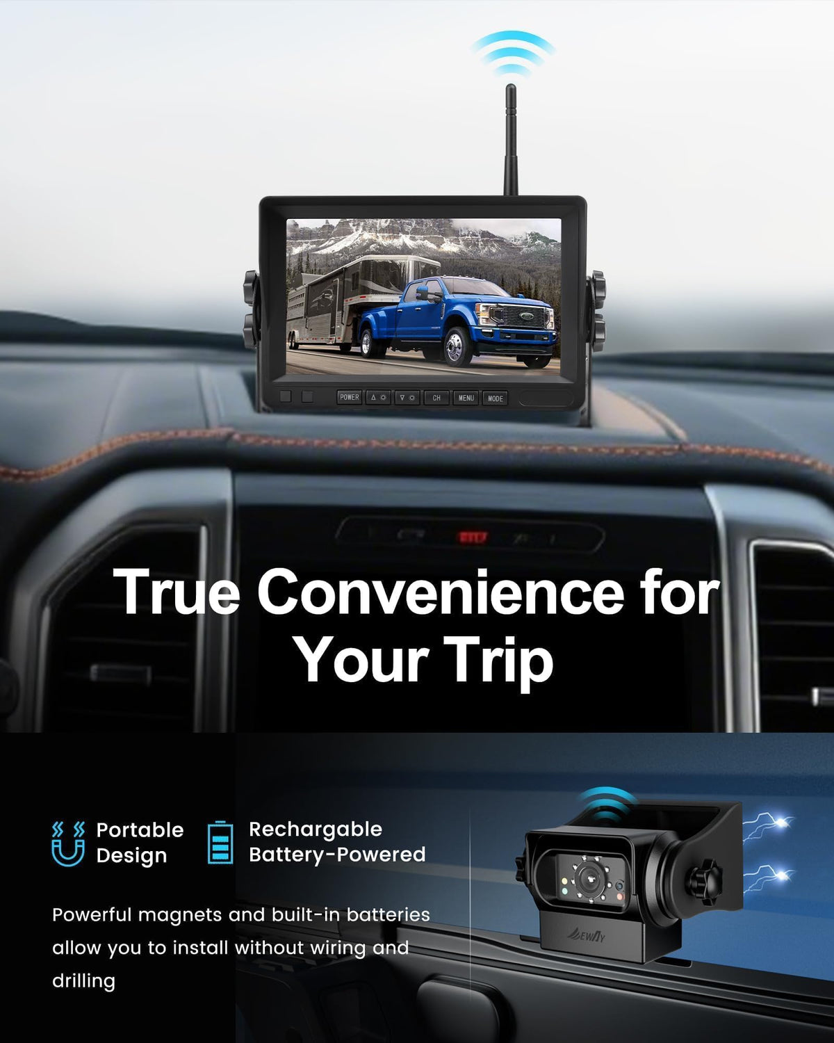 Wireless WiFi Magnetic Backup Camera 7" IPS Monitor HD 1080P Rechargeable Battery N513602