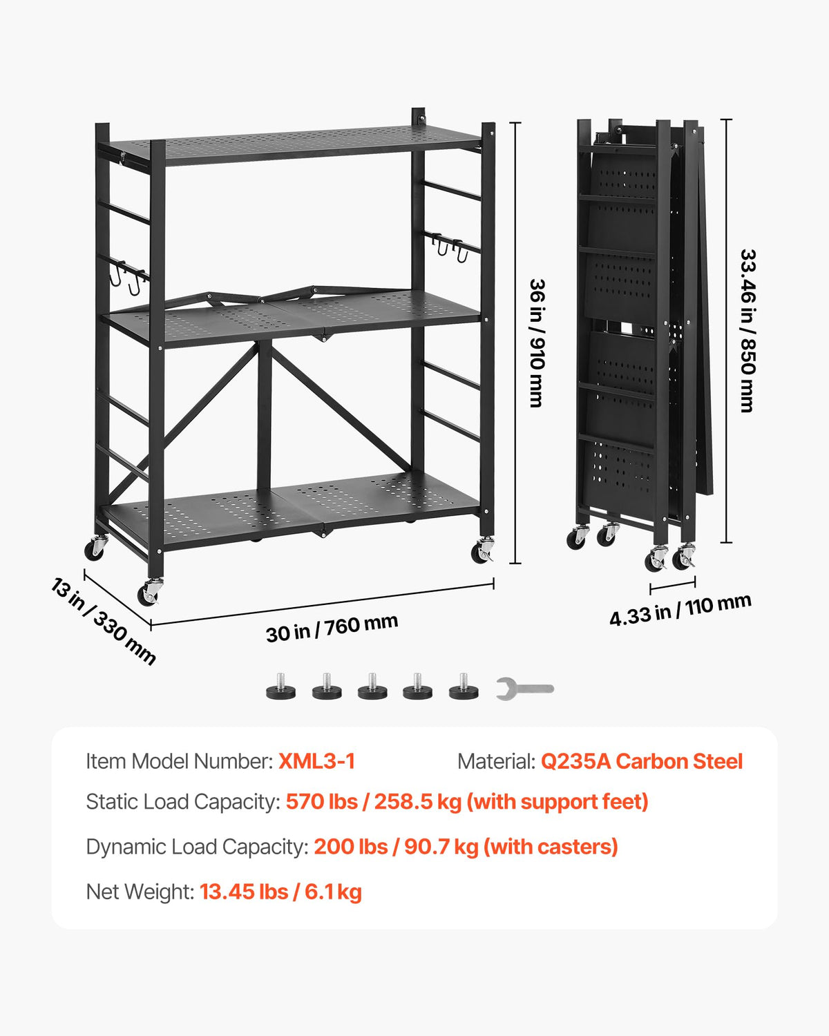 3-Tier Foldable Metal Storage Shelf with Wheels and Hooks, Black V23585
