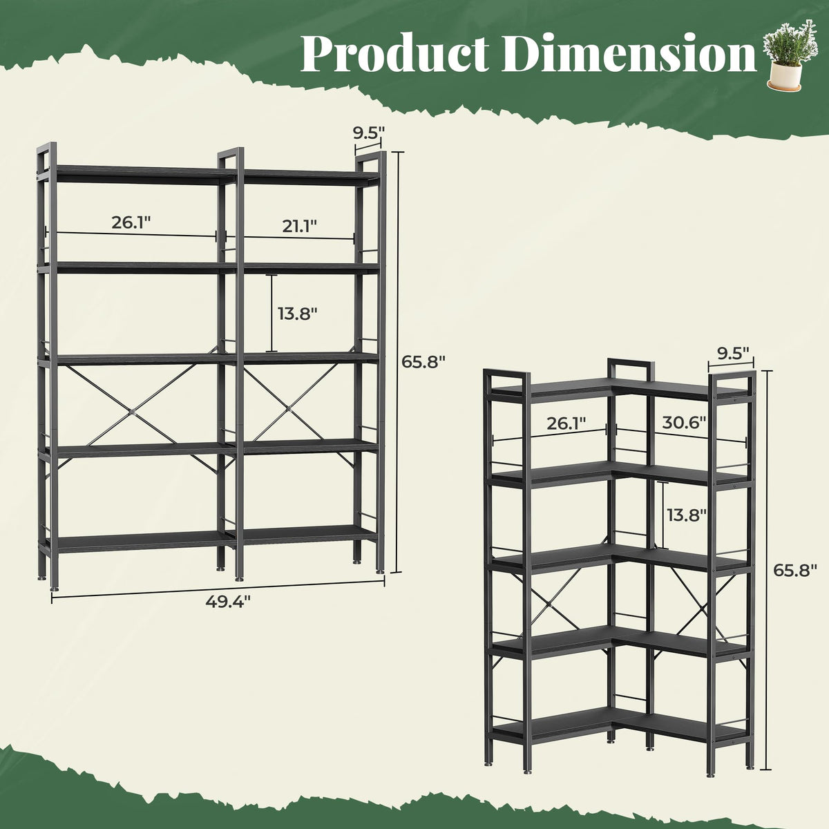 5 Tier L Shaped Corner Bookshelf with 10 Open Shelves H986489