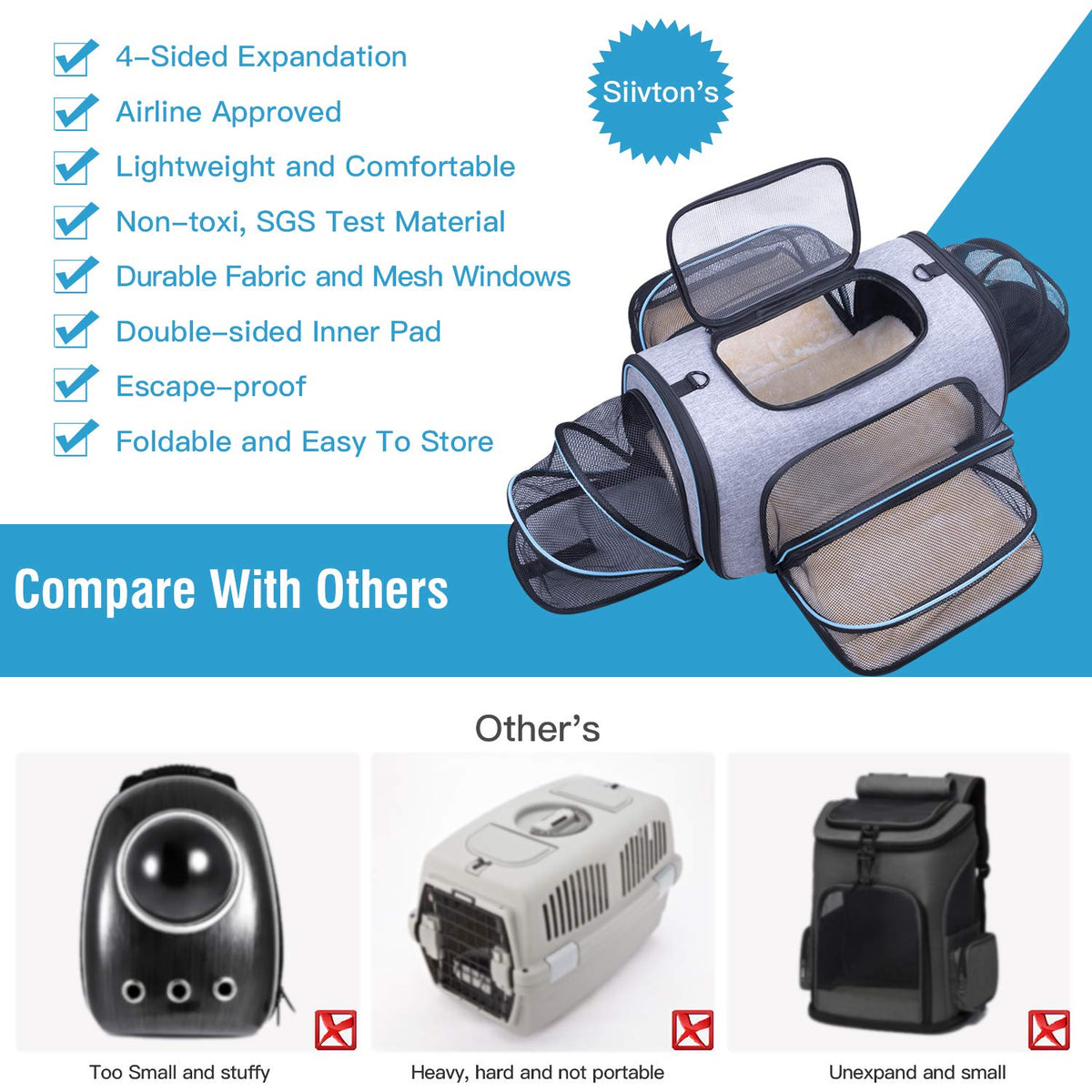 Airline Approved Expandable Soft Sided Pet Carrier with Fleece Pad G567