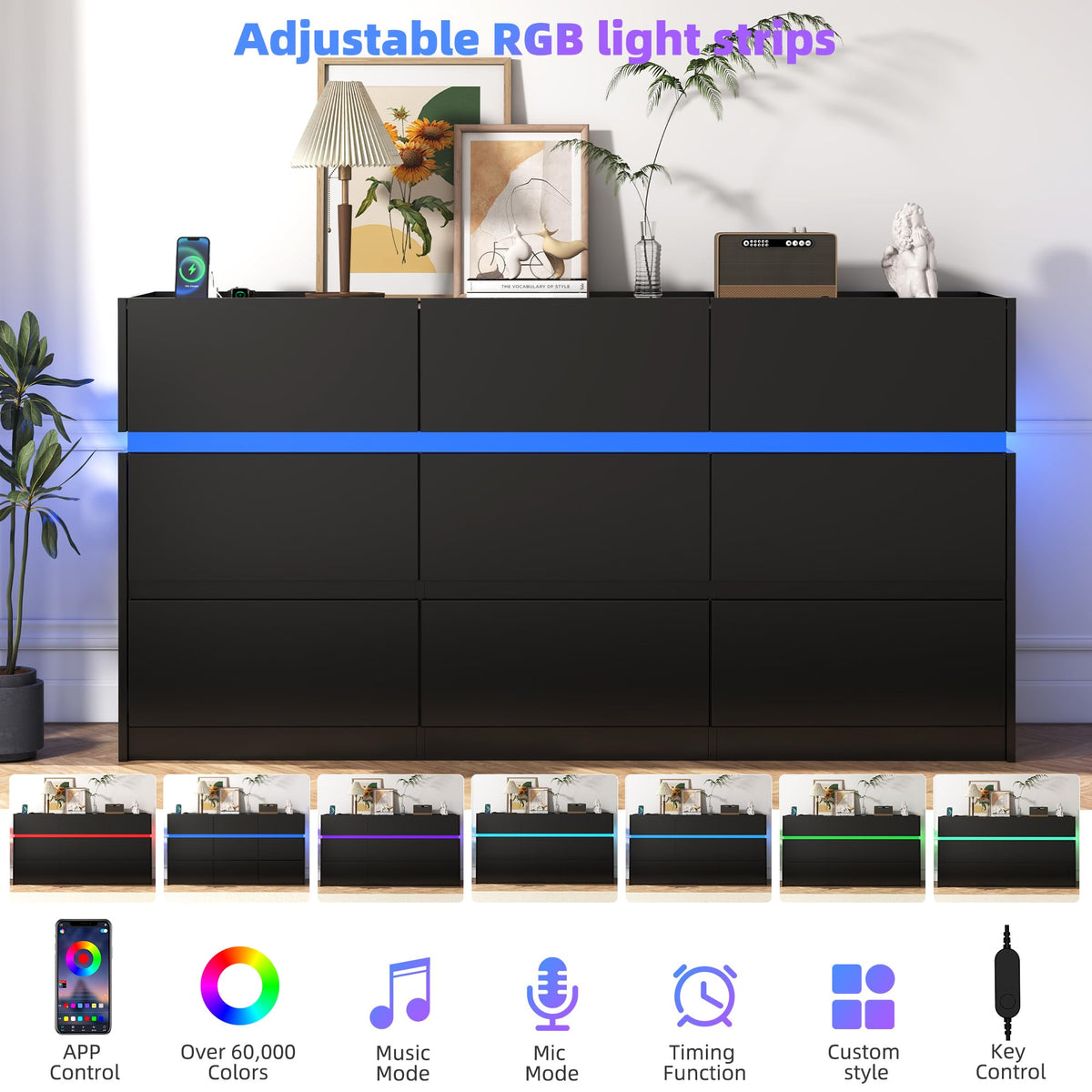 Black 9 Drawer Dresser with Charging Station and LED Lights U114275