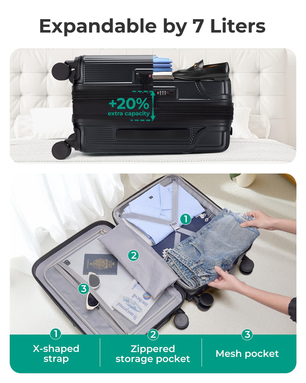 Carry On Luggage with Wheels, Black N8034