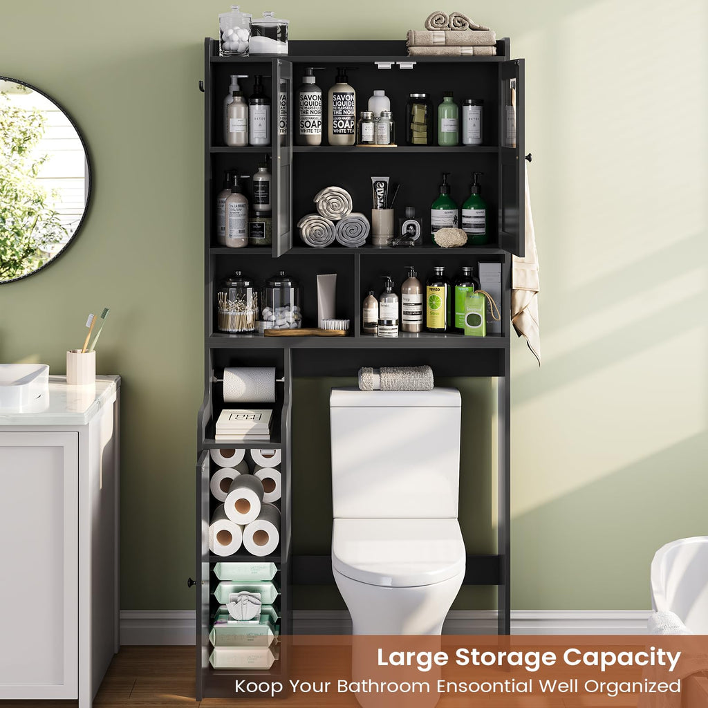 Over The Toilet Storage Cabinet with Glass Doors & Toilet Paper Holder Stand D4194