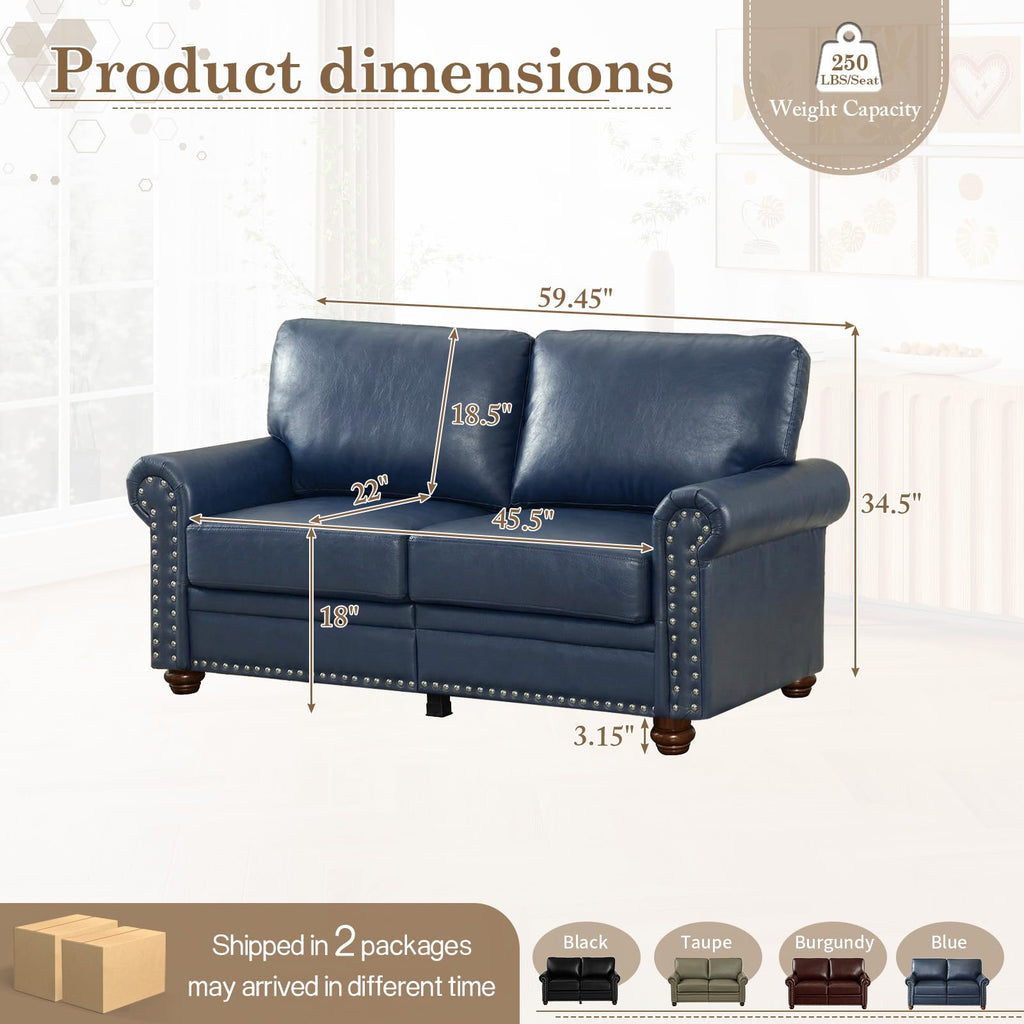 Navy Blue Faux Leather 2 Seater Sofa with Nailhead Trim G88349