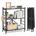 3-Tier Foldable Metal Storage Shelf with Wheels and Hooks, Black V23585