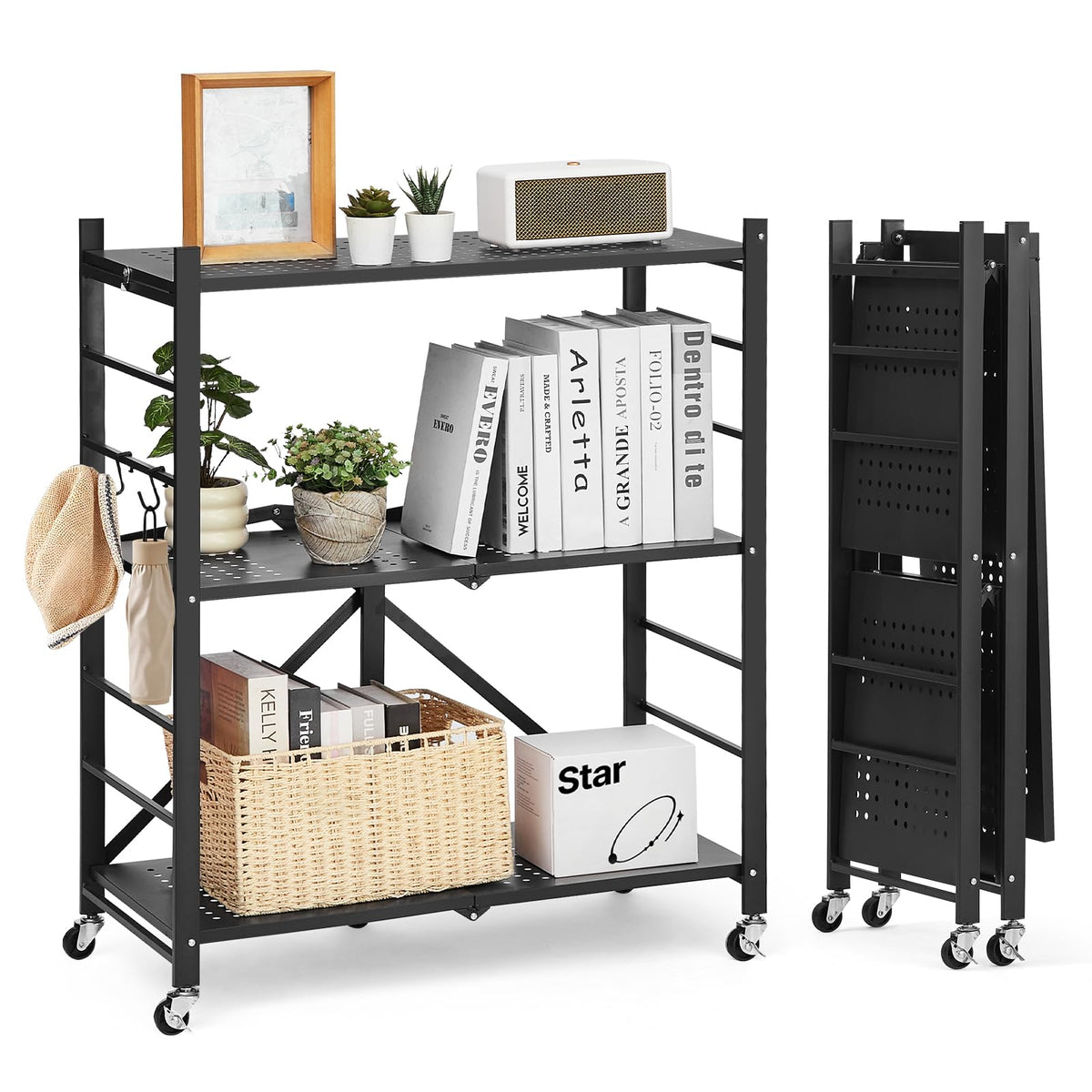 3-Tier Foldable Metal Storage Shelf with Wheels and Hooks, Black V23585